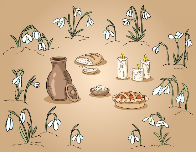 Alimento tradizionale della primavera fra l'illustrazione variopinta disegnata a mano di bucaneve