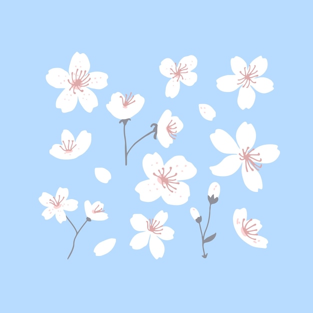 Spring tree blossom set white flowers on blue background vector illustration of spring flora greeting card design