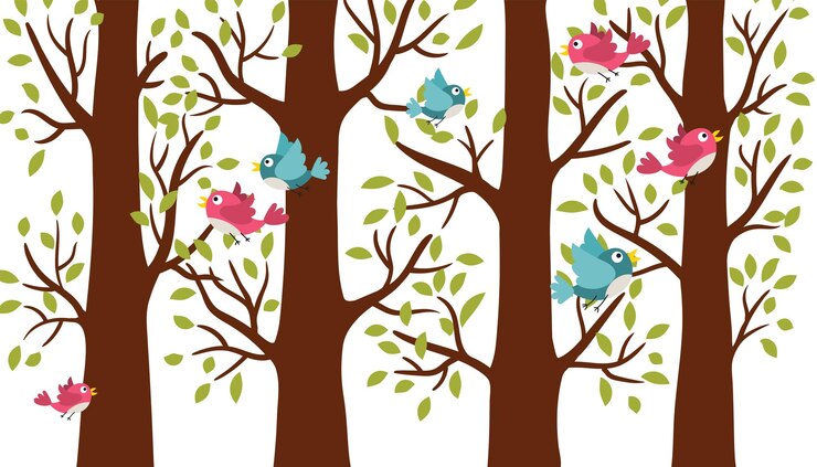 Vector spring trees standing in a row with young foliage and birds