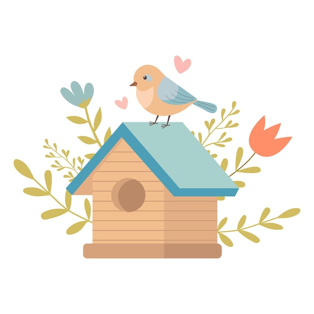 Vector spring vector illustration of a cute bird and birdhouse with flowers on a white background