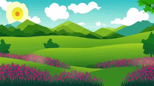 Vector spring village panorama with green meadow on hills with blue sky vector summer or spring landscape