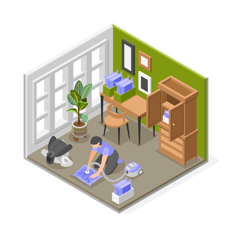 Vector spring wardrobe composition with woman packing away winter outwear in vacuum bags isometric vector illustration