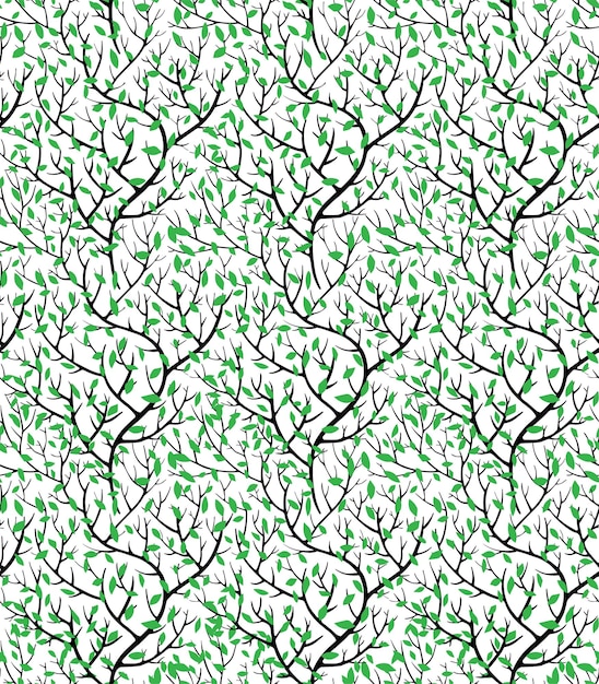 Vector spring weaving branches with green leaves seamless pattern