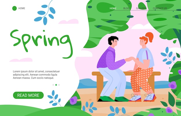 Spring website template with couple in park flat cartoon vector illustration