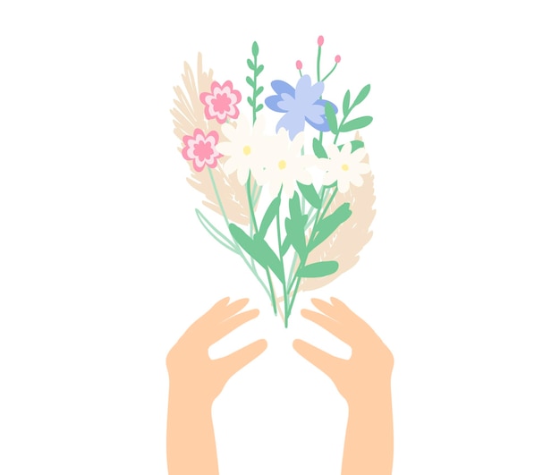 Spring wild flowers bouquet with woman hands.  Cute cartoon hand drawn vector illustration.