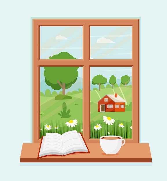Spring window with landscape with a book and a coffee cup on the sill Vector illustration in flat style EPS 10