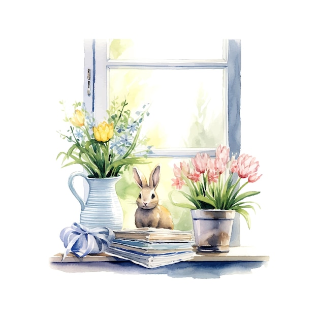 Spring windowsill landscape scene with Spring objects like books vase with flowers bunny cottage ore look