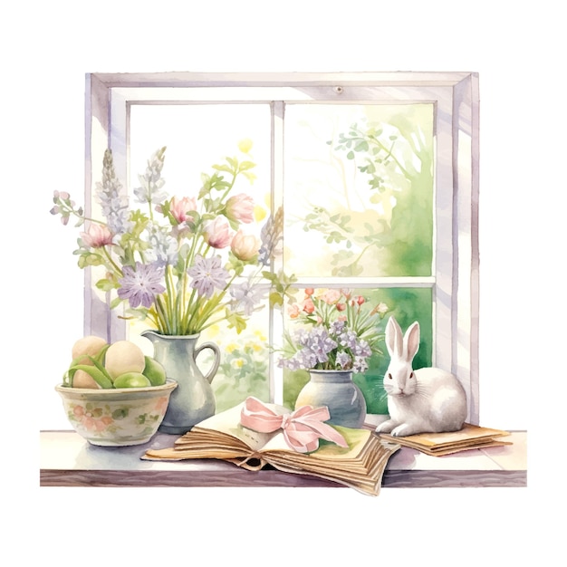 Spring windowsill landscape scene with Spring objects like books vase with flowers bunny