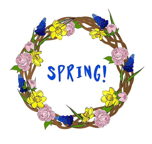 Spring wreath Easter decoration Sprigs of flowers and palm leaves Palm Sunday Religion Christianity