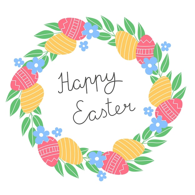 Vector spring wreath of easter eggs and colorful flowers