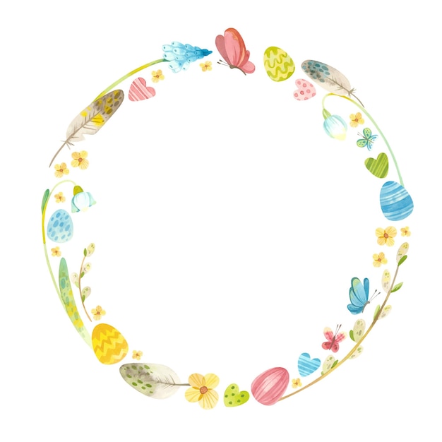 Spring wreath with easter eggs, pussy willow, feathers and flowers. easter themed template for postcards, posters, banners. watercolor clipart on white background