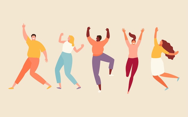 Vector springende en dansende gelukkige mensen. positieve emoties instellen illustratie