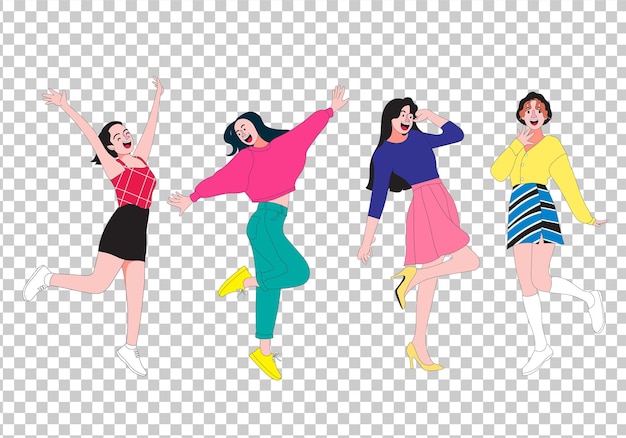 Springende gelukkige vrouwen met schattige kleren en vreugdevolle uitdrukkingen in platte illustratie op doorzichtig