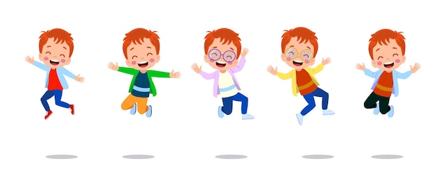 Springende kinderen Gelukkig grappige kinderen spelen en springen in verschillende actie poses onderwijs kleine team vector tekens Illustratie van kinderen en kinderen plezier en glimlach