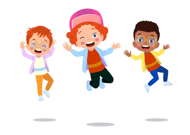 Springende kinderen Gelukkig grappige kinderen spelen en springen in verschillende actie poses onderwijs kleine team vector tekens Illustratie van kinderen en kinderen plezier en glimlach