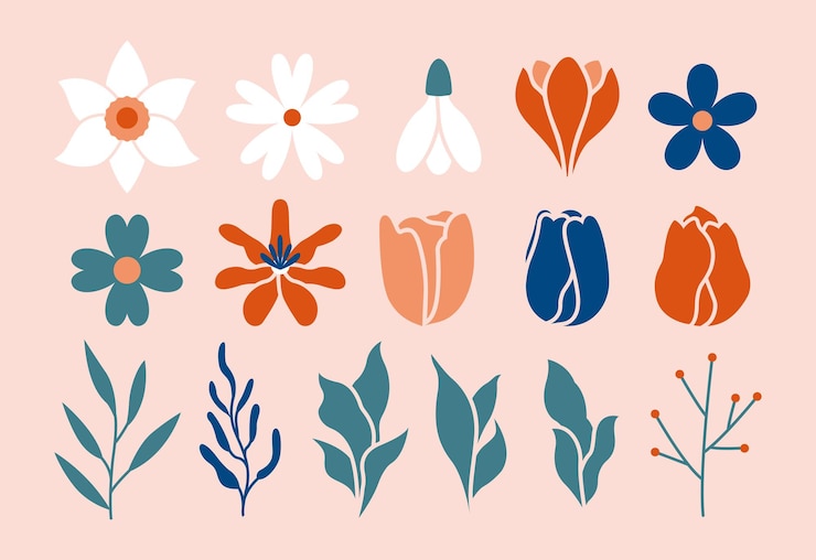 Vector springtime botanical clip arts set of minimal spring plants flowers snowdrops berries daffodils