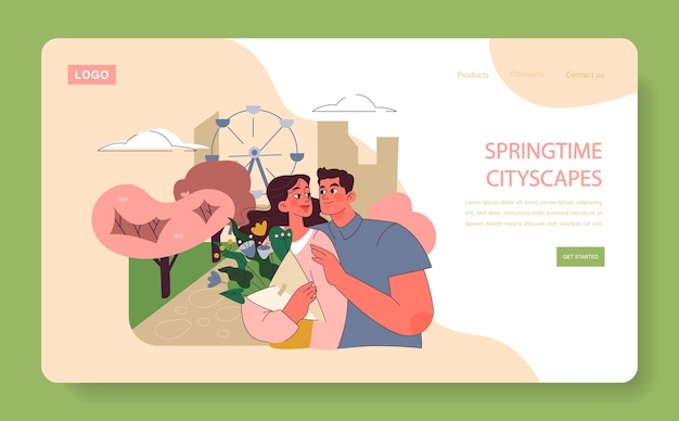 ベクトル 春の都市風景 テーマ カップルが公園で 温かい瞬間を共有し 都市の春の花をかせます