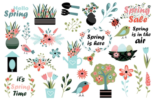 Vector springtime collection in flat design hello spring isolated elements flower bouquets blooming tree