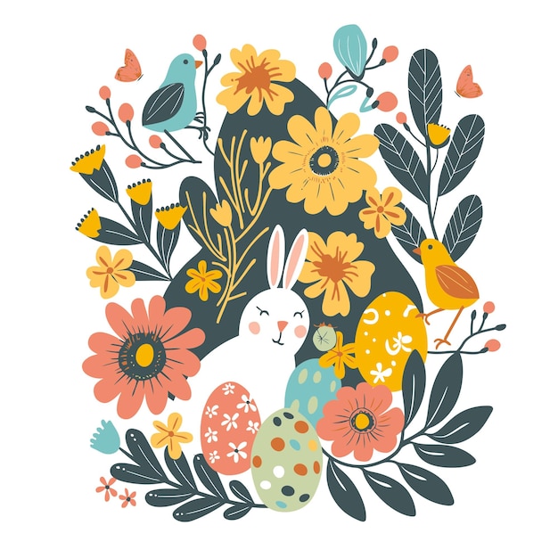 Vector springtime vector illustration of flowers easter rabbits with birds and plants minimalist styled