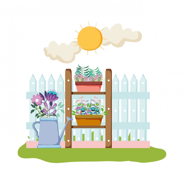 Vector sprinkler of garden with fence in the field scene