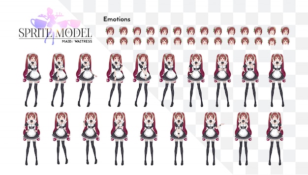 Sprite full length character for game visual novel. anime manga girl, cartoon character in japanese style. costume of maid cafe. set of emotions