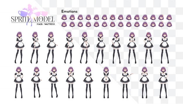 Vector sprite full length character for game visual novel. anime manga girl, cartoon character in japanese style. costume of maid cafe. set of emotions
