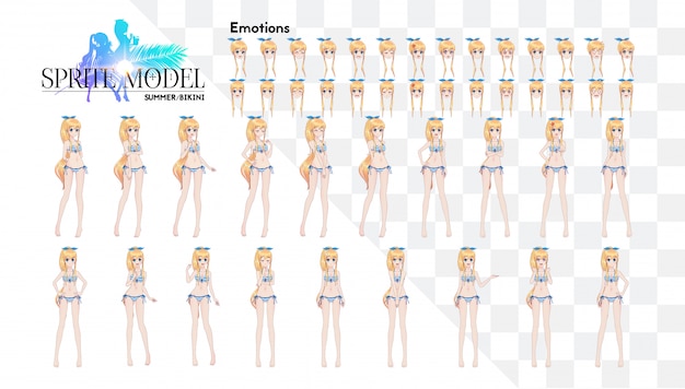 Sprite karakter van volledige lengte voor game visuele roman. anime-mangameisje, stripfiguur in japanse stijl. in een zomerbikini-zwempak. set van emoties