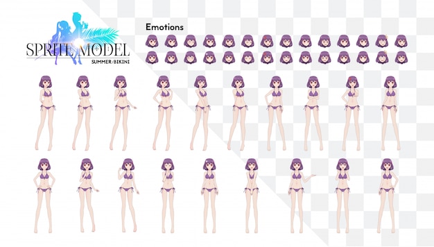 Sprite karakter van volledige lengte voor game visuele roman. anime-mangameisje, stripfiguur in japanse stijl. in een zomerbikini-zwempak. set van emoties