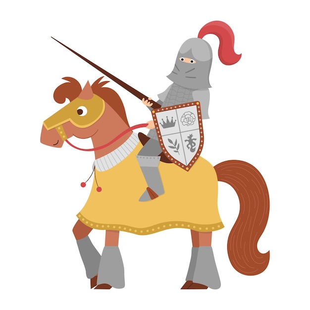 Sprookje ridder op een paard Fantasy gepantserde krijger geïsoleerd op witte achtergrond Fairytale soldaat in helm met zwaard schild maliënkolder Cartoon icoon met middeleeuwse karakter en wapenxA