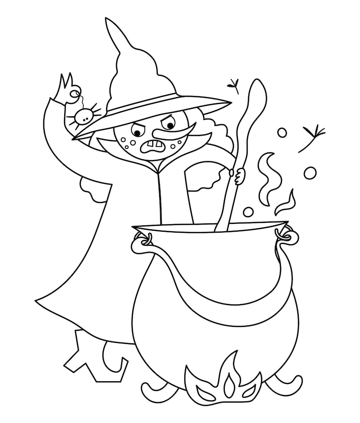 Vector sprookje zwart-wit vector heks met ketel voorbereiding drankje fantasy lijn tovenares in hoge hoed fairytale of halloween karakter cartoon magische pictogram of kleurplaten pagexa