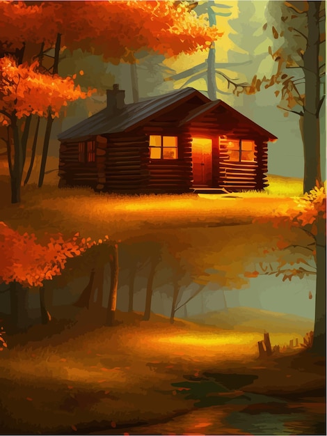 Sprookjesachtig huis gemaakt van boomstammen met rode dak oude houten deur raam vectorillustratie in cartoon stijl