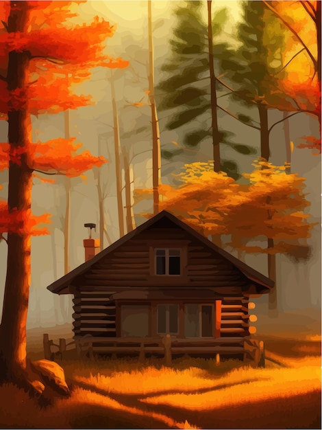 Sprookjesachtig huis gemaakt van boomstammen met rode dak oude houten deur raam vectorillustratie in cartoon stijl