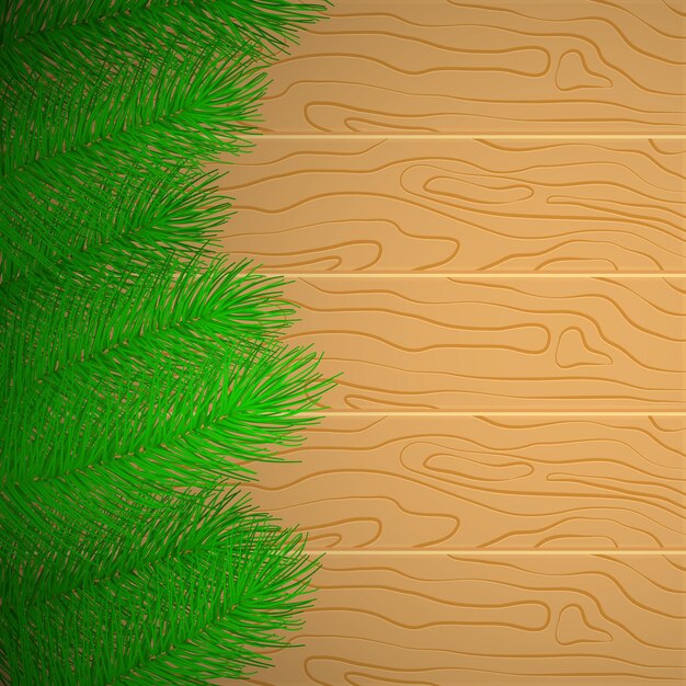 Vector spruce branches on a wooden table. christmas and new year background. vector illustration.