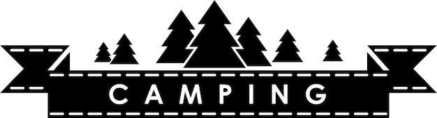 Spruce Tree and Black Banner of Camping Outdoor in Flat Style Vector Illustration