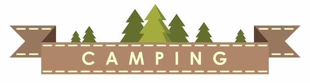 Spruce Tree and Brown Banner of Camping Outdoor in Flat Style Vector Illustration