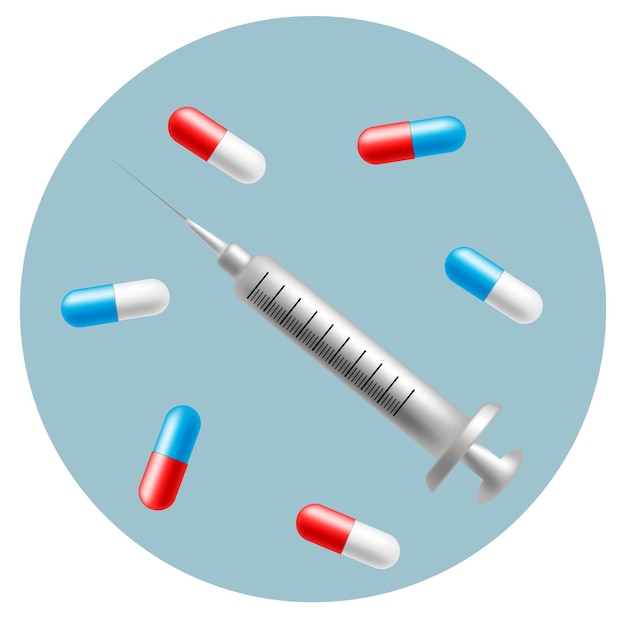 Spuit en pillen. Apotheek en drug symbolen. Medische illustratie op witte achtergrond.