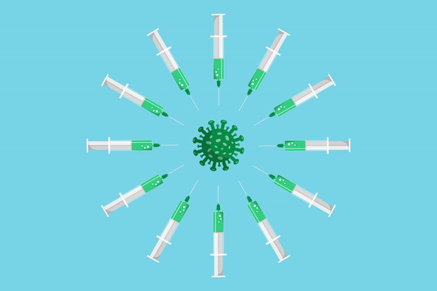 Spuit met groen vaccin rond bacteriën op blauwe achtergrond. Stock illustratie in vlakke stijl