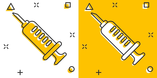 Spuitpictogram in komische stijl injecteer naald cartoon vectorillustratie op witte geïsoleerde achtergrond drugsdosis splash effect bedrijfsconcept