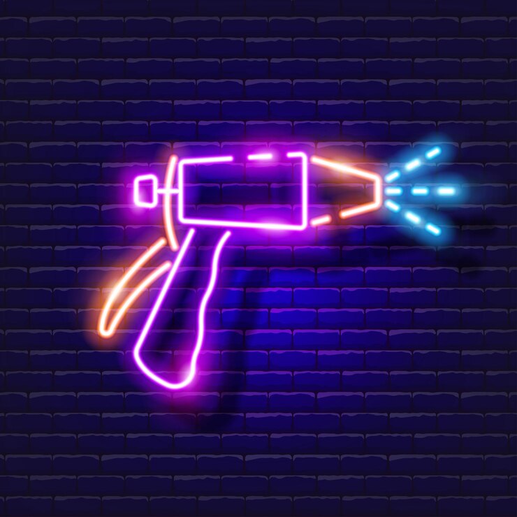 Vector spuitpistool neon pictogram irrigatiesysteem besproeiingssysteem slang en accessoires gloeiende borden vectorillustratie voor ontwerp website reclame winkel goederen
