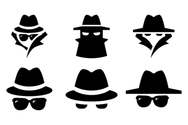 Spy, Agent, Incognito Detective iconen met hoed. Vectorvoorraadillustratie