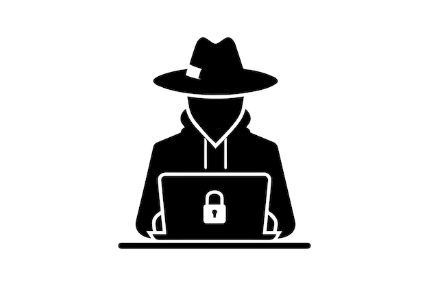 Spy agent op zoek naar een laptop hacker silhouet