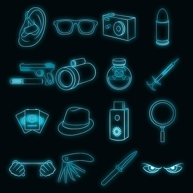 Spy and security icons set vector neon