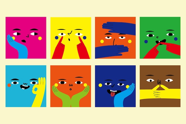 さまざまな感情やジェスチャーを持つ正方形の抽象的な漫画の顔。さまざまな色の文字。