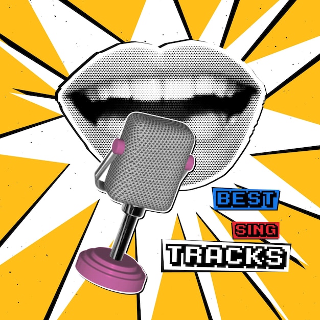Square advertising cover Open lips scream into the microphone Explosive retro collage with textures