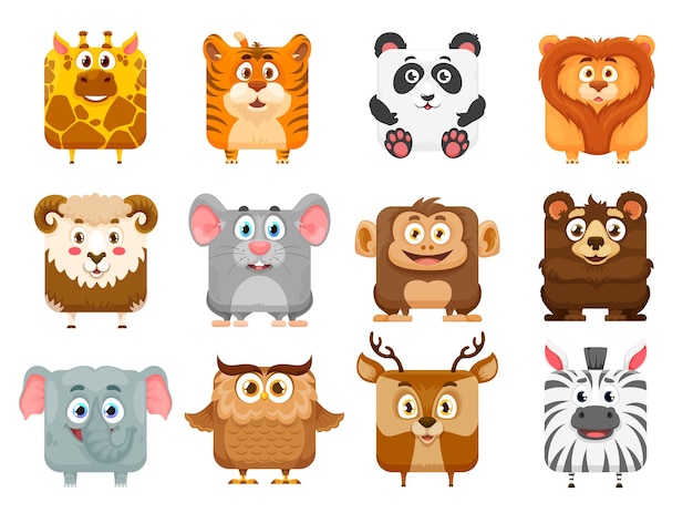 Square animal faces kawaii cartoon zoo characters