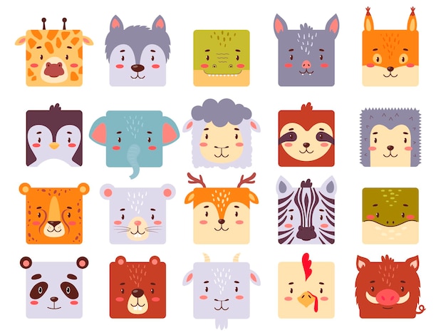 Facce quadrate di animali impostate per l'interfaccia utente o l'applicazione mobile simpatica collezione di avatar kawaii per bambini gioco icone di testa semplici in colori brillanti illustrazione vettoriale piatta isolata su sfondo bianco