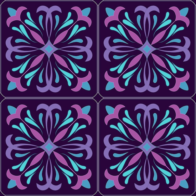 Square arabesque pattern in cold blue purple red colors Tile design Vector image