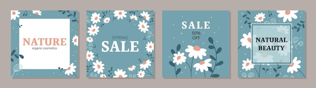 Square art templates with daisy flowers social media posts banner