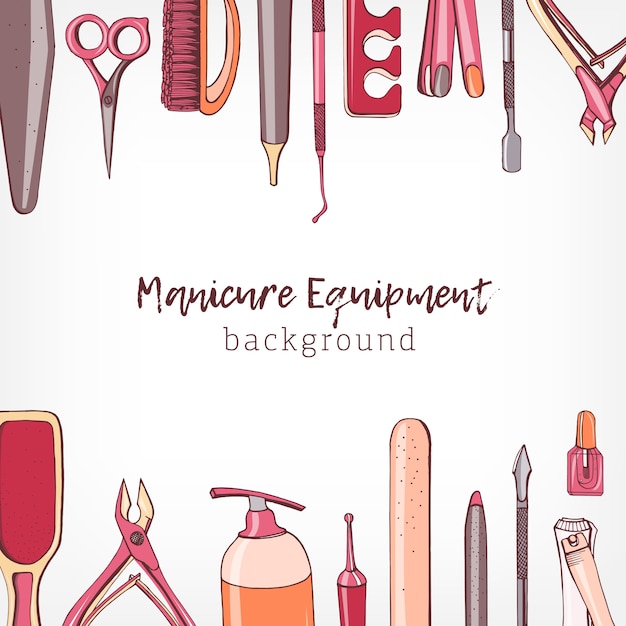 Square backdrop decorated with border consisted of manicure and pedicure equipment or tools for nail care hand drawn on white background and place for text. Colorful realistic illustration