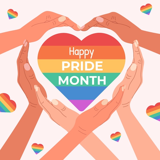 square background for pride month with many different peoples hands showing heart symbol